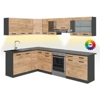 Vicco Winkelküche Rick, Goldkraft Eiche/Anthrazit, 267 x 167 cm, AP Schwarz mit LED-L...