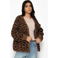 SASSYCLASSY Cardigan Cardigan Damen aus Grobstrick mit Lepardenmuster Oversized offen fallende Leo-Strickjacke Pink Orange Gelb Burgundy