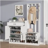 STILVORA Garderoben-Set Flurgarderobe mit Schuhschränke,Schuhwechsler-Set PB,Flurmöbel Weiß, (Wandhängeschrank, Flurtrockenständer, Kleiderschrank, 1-St., 140*32*180cm), Kombination: Bank + Garderobenpaneel + Schuhschrank
