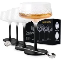 MiaMio Cocktailglas Crystaluna Coupe, 280 ml, schwarzer Stiel, 4-tlg., Glas, mit Barlöffel
