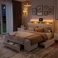 PXloue Polsterbett Stauraumbett mit Bettkasten LED Doppelbett, mit LED-Beleuchtung, 3 Schubladen, 160x200 cm, Ohne Matratze