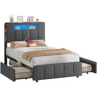 MSMASK Polsterbett mit 2 Schubladen, LED-Beleuchtung und Ladestation (Ohne Matratze), Kinderbett Jugendbett Einzelbett 90 x 200 cm