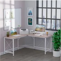 HOMCOM Eckschreibtisch L-Form Winkelschreibtisch (PC-Tisch, 1-St., Computetisch), MDF Natur + Weiß 150 x 150 x 76 cm