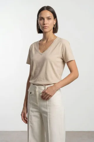 Baumwoll-Tencel V-Ausschnitt Kurzarm-Bluse