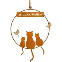 Logbuch-Verlag Dekofigur Türkranz WILLKOMMEN aus Metall Rost Patina - mit Katzen Motiv