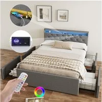 oyajia Polsterbett LED Doppelbett 140x200cm, Stauraumbett mit Kopfteil und 4 Schubladen (Leinenmaterial Polsterbett mit RGB Beleuchtung), mit Lattenrost und Ladefunktion, mit Komforthöhe, Leises Design Bett