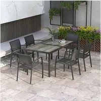 Outsunny Garten-Essgruppe mit 1 Esstisch, 6 stapelbaren Stühlen, (Gartengarnitur, 7-tlg., Gartenmöbel-Set), für Terrasse, Mesh, Dunkelgrau