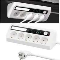 QUBEBU Steckdose 5fach Steckdosenleiste mit 2x USB-C 2x USB-A, 1,8 m Verlängerungskabel, 9-IN-1 Mehrfachsteckdose, Steckdosenleiste für Zuhause,Büro, 1-St., Verteilersteckdose mit Schalter, 2500W Steckdosenwürfel mit LED, Ecksteckdose Tischsteckdose 