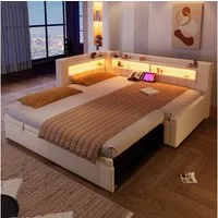 Merax Daybett 90x200cm/180x200cm mit LED-Beleuchtung, USB & Typ-C (Sofabett Jugendbett Einzel- & Doppelbett, 1 tlg), Tagesbett mit Ausziehbett und Staufächern,Schlafsofa,Doppelbett,Leinen