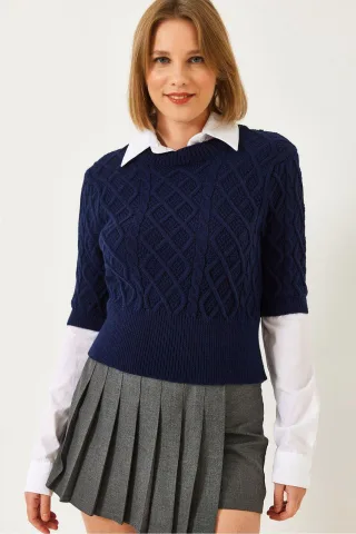 Texturierte Strick-Crop-Style Pullover mit Hemdkragen
