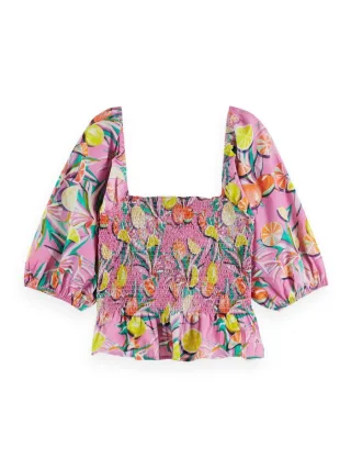 Scotch & Soda - Gesmoktes Oberteil mit Puffärmeln pink - Gr. - 40