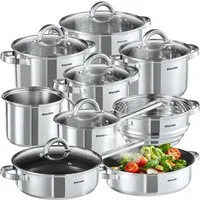 tectake Topf-Set Kochtopfset aus Edelstahl 15-teilig, Messskala in den Töpfen, Edelstahl (Topfset Induktion Turin, 15-tlg., in silber), für Induktion geeignet, mit Antihaftbeschichtung, spülmaschinenfest