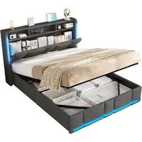MSMASK Polsterbett Hydraulischem Stauraumbett mit LED Beleuchtung & Steckdosen (1-tlg., Ohne Matratze), Reichlich Lagerplatz unter dem Bett & am Kopfteil, 140x200cm