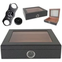 Coumo Humidor Carbon Design, Humidor Set für ca. 20 Zigarren + Zigarrenschneider