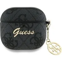 Guess Kopfhörer-Schutzhülle Case AirPods 4 Kunstleder grau Logo Metal Kette goldfarbig, Kantenschutz