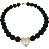 traumschmuck Collier 485s Collier Lava Perlen schwarz 14mm Herz versilbert gebürstet (Geschenk, Muttertag, Weihnachten, Geburtstag, Valentinstag, incl. Schmuckbox), handgefertigt, Made in Germany