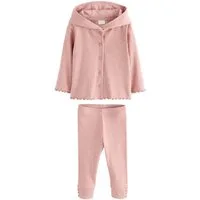 Next Langarmshirt & Leggings Gerippte Kapuzenstrickjacke und Leggings im Set (2-tlg)