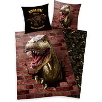 Familando Kinderbettwäsche mit Dino Muster und 3D T-Rex in 135x200 + 80x80 cm aus 100% Baumwolle, Renforcé, 2 teilig, Rückseite mit Dinosaurier Muster