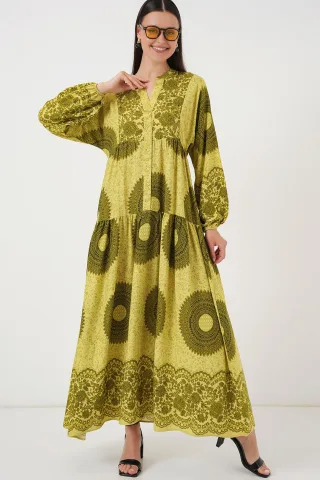 Gemustertes V-Ausschnitt Maxikleid mit Knopfverschluss