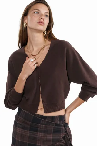 V-Ausschnitt Rippenstrick Cropped Cardigan