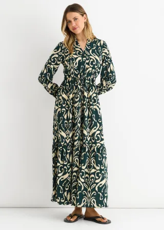 Grünes Ikat-Print Maxikleid mit gebundener Taille