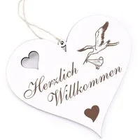 Dekolando Hängedekoration Herzlich Willkommen - Storch mit Baby - 13x12cm