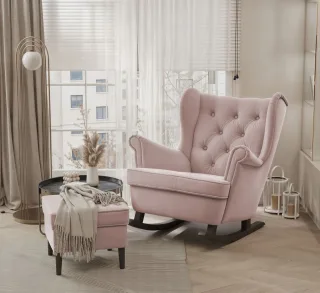 Schaukelsessel Ohrensessel Sessel NINON inkl. Hocker in Stoff Trinity Puderrosa