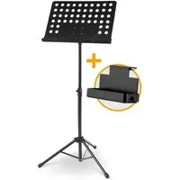 McGrey Notenpult Orchesterpult Lochblech Ständer Deluxe Notenständer mit Notenklemmen, (Spar-Set, 2-tlg., inkl. Ablagebox für Utensilien), Abnehmbare Lochblechablage