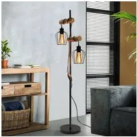 ZMH Stehlampe Vintage Wohnzimmer 2 Flammig 150CM Kabel Industrial Schlafzimmer Flur, Einfache Installation, ohne Leuchtmittel, Schwarz Metall und Holz Flurlampe- inkl. Schalter