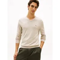 Tommy Hilfiger Strickpullover ESSENTIAL COTTON V NECK mit V-Ausschnitt und Stickerei unifarben, casual, regular fit, Baumwolle, V-Ausschnitt