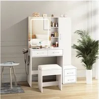 BBWL Schminktisch mit LED-Spiegel, 4 Schubladen & 1 Tür (MDF-Platten, USB-Anschluss), dimmbares Licht, platzsparend & pflegeleicht, mit Hocker
