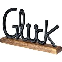 Levandeo® Deko-Schriftzug, Schriftzug Glück L30cm Metall Schwarz Mango Holz Tischdeko Deko