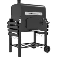 kowdom Holzkohlegrill 3-in-1 mit Smoker, Deckel, Warmhalterost & Seitenablagen, mobil, Standgrill, 3-in-1, Kurbel, Klappablagen, Asche, Rollen