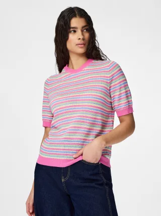 PIECES - PCDIANA SS O-NECK STRIPE KNIT PWP BC Wild Orchid - Gr. - M
