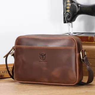 BULLCAPTAIN Men's Genuine Leather Shoulder Bag Retro Large Capacity Travel Bag Crazy Horse Leather Crossbody Bag Messeng