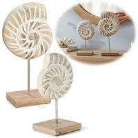 LS-LebenStil Skulptur Deko Objekt Set 2 Muscheln Sylt Mango Holz Sockel Maritim 26/32cm (Aufsteller Muschel 26/32cm zum Hinstellen Shabby Grau Weiß Skulptur Figur Säule, Maritime Deko Meer Strand Nordsee Bad Wohnzimmer)