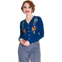 Voodoo Vixen Strickjacke Blue Woodland Cardigan Retro Vintage Blumen Vögel Pilze