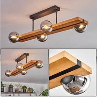 hofstein Deckenleuchte Deckenlampe aus Metall/Holz/Glas in Schwarz/Natur/Chrom-/Rauchfarben, ohne Leuchtmittel, Leuchte im Retro-Design mit Glasschirmen (10 cm) und Holzbalken, G9