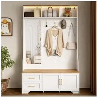 Merax Garderoben-Set mit LED-Beleuchtung inkl. App, (120 x 187 x 40 cm, 1-St., Möbelset Garderobenschrank Eingangsbereich-Schrank), Garderobenkombination mit Spiegel, Sitzbank, Haken & Ablagefächern