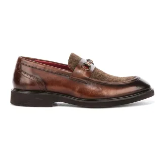 Justin Reess Herren beige Leder-Fischgrät-Tweed-Loaferschuhe – Tristian