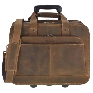 Business-Trolley Leder antikbraun 43x36cm | Greenburry Vintage Rollkoffer mit Notebookfach 39x26cm. Mobiler Organizer für Büro und Geschäftsreisen.