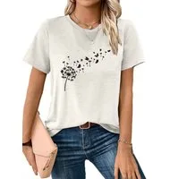 PYLIKE Rundhalsshirt Damen bequemes Frühling Kurzarmbluse Löwenzahn Print-Shirt Bequem für Freizeit und Büro,Strandurlaub