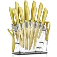 D.Perlla Messer-Set 16-teiliges Küchenmesserset aus Edelstahl (Set, 16-tlg), mit antihaftbeschichteter Klinge, golden