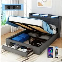 oyajia Stauraumbett LED Hydraulisches Doppelbett 140x200cm mit Ladefunktion (LED, USB- & Typ-C-Ladestation), 90/140/160 x200cm mit Ladefunktion