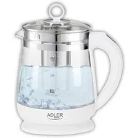 ADLER EUROPE Wasserkocher AD 1299 aus Glas mit Teesieb und Temperaturwahl, Teekocher, 1,5 l, 2200 W, mit Warmhaltefunktion, LED-Farbbeleuchtung, Temperatursteuerung, Weiß