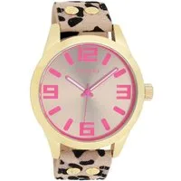 OOZOO Quarzuhr XXL Damenuhr IP-Gold Taupe Pink Animalprint Lederband 46 mm C1099, mit trendigem Design und Lederarmband