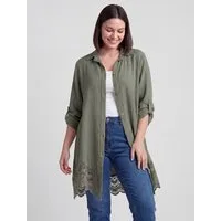PEKIVESSA Longbluse Oversized Musselin Longbluse mit Häkelspitze am Saum
