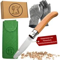Eli Taschenmesser Schnitzmesser Kinder - Kindermesser mit Filztasche Kindertaschenmesser, (Schnitzwerkzeug - Outdoor Messer, Kinderschnitzmesser - Griff aus Buchenholz), inkl. schnittfeste Handschuhe - Beidhändig - rostfreier Stahl