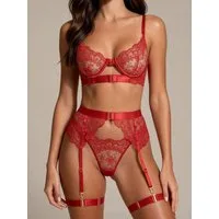 Elegant Love Set: Bügel-BH Damen-Dessous-Set aus bestickter Spitze – Lingerie mit Strumpfhalter (Set, 4-tlg., BH, Strumpfhaltergürtel, Tanga, Beingurt) Luxuriöse Reizwäsche – Sexy Unterwäsche mit goldenen Details