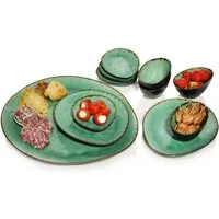 SÄNGER Servier-Set Palm Beach, Grün Schwarz, Steingut, (Set, 11-tlg., 1x Servierplatte, 2x Dessertteller, 4x Dipschale, 4x Unterteller), Handmade, Premium Collection